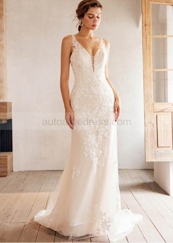 Plunging Neck Ivory Lace Tulle Rustic Wedding Dress